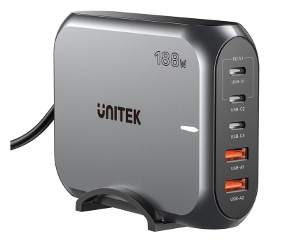 Ładowarka i akumulator UNITEK Szybka ładowarka sieciowa 2xUSB-A 3xUSB-C GAN 188W P1234AGY01-EU